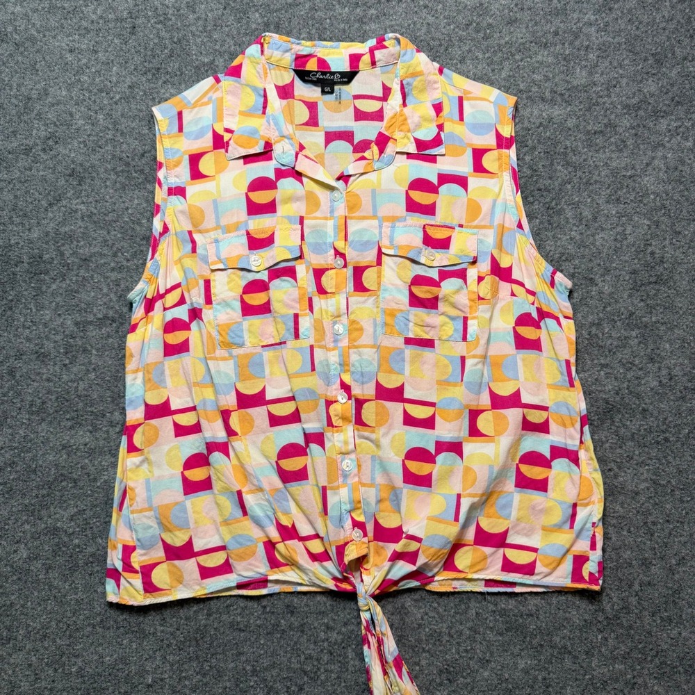 CHARLIE‎ B Geometric Abstract Print Sleeveless Button Down Front Tie Top Large